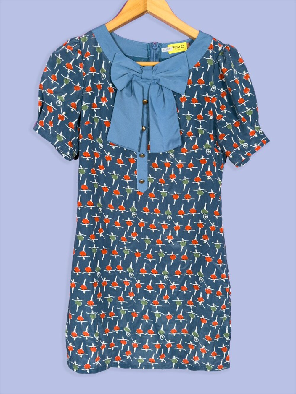 Cottagecore Prairie Floral Bow Mini Dress Blue Orange Short Sleeve Size Small